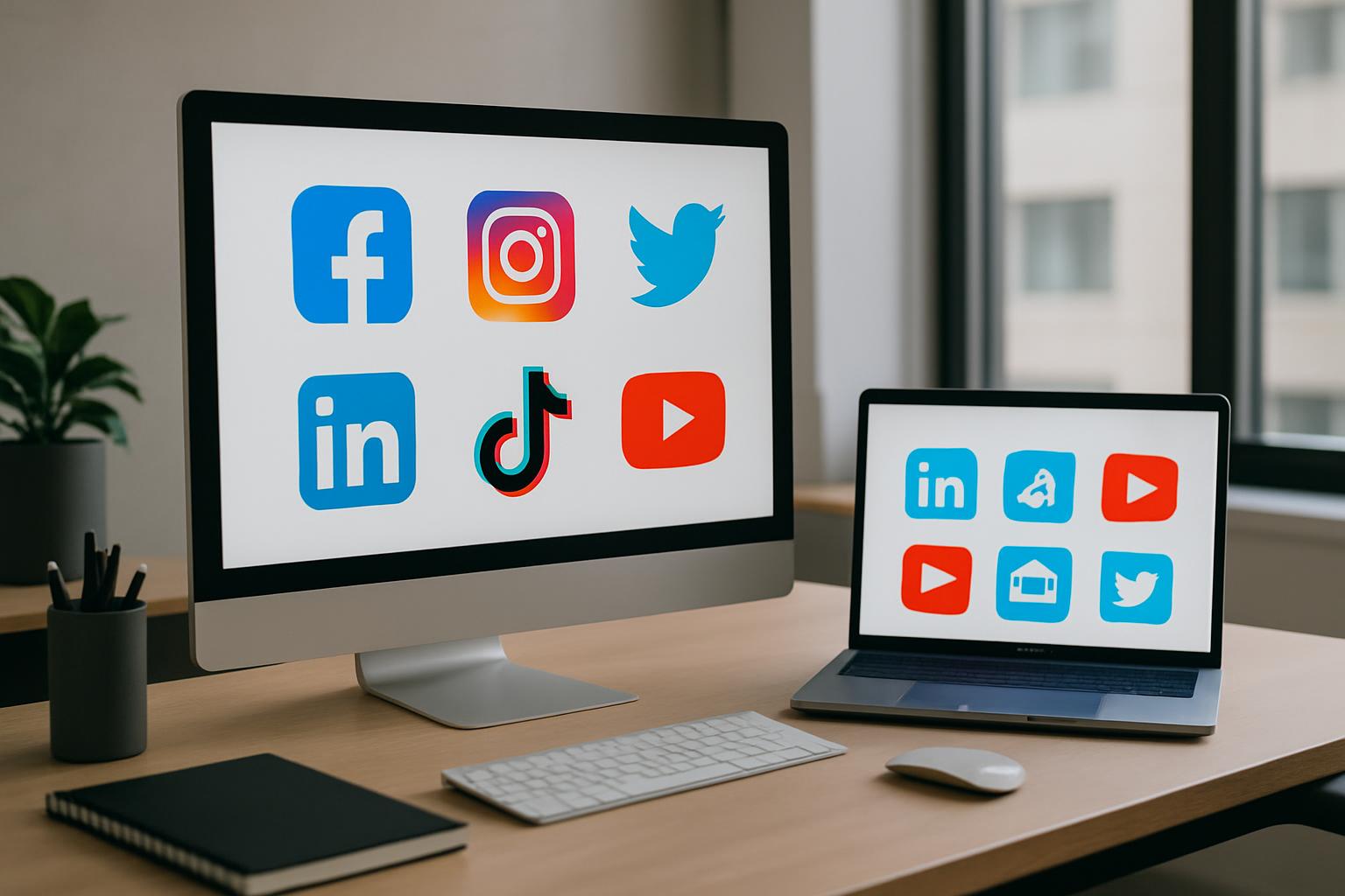 Un desktop de escritorio y un laptop, ambos con el logo de algunas redes sociales destacadas.