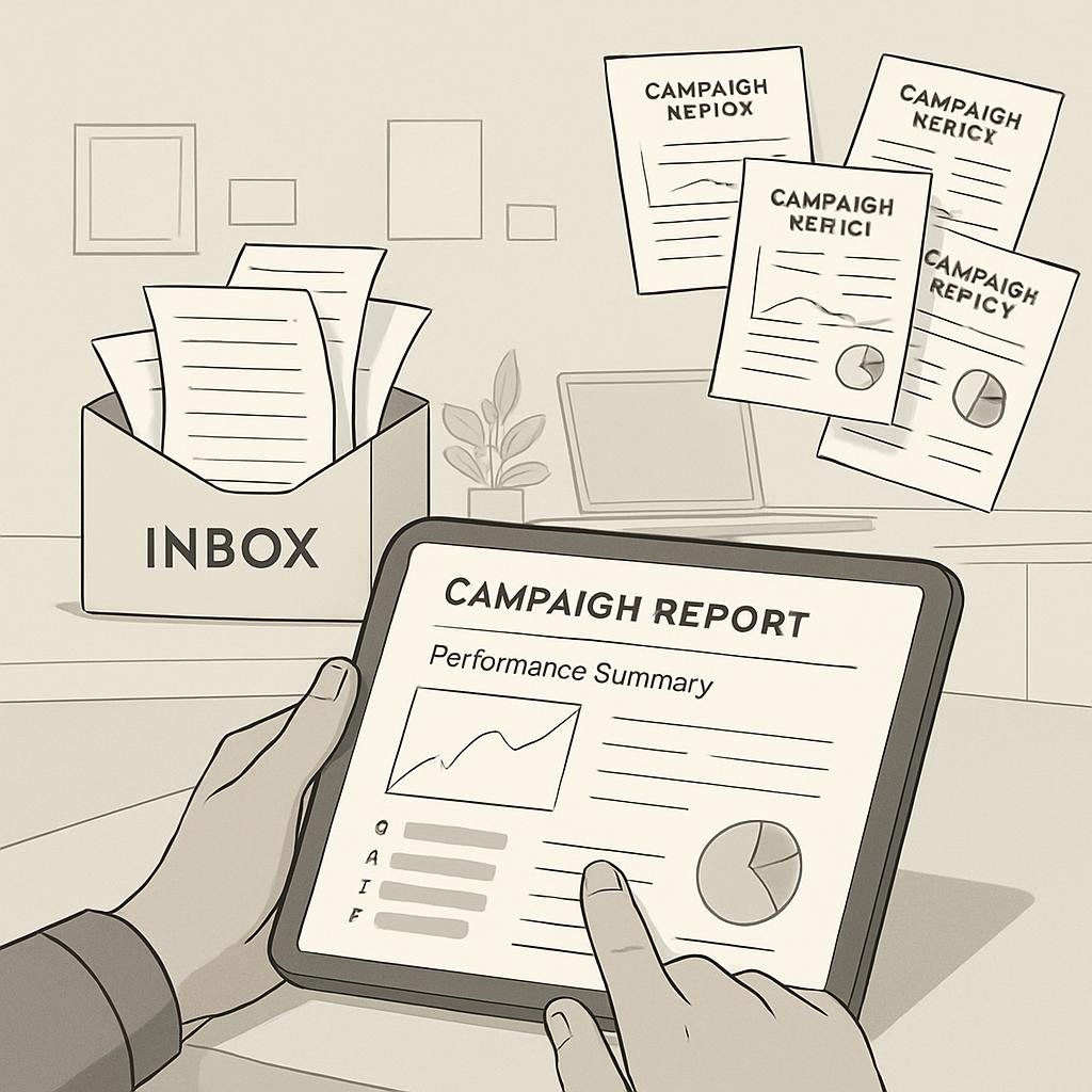 A persona man sits at his desk holding a pad displaying a Campaign Report. The report indicates a performance summary incl...