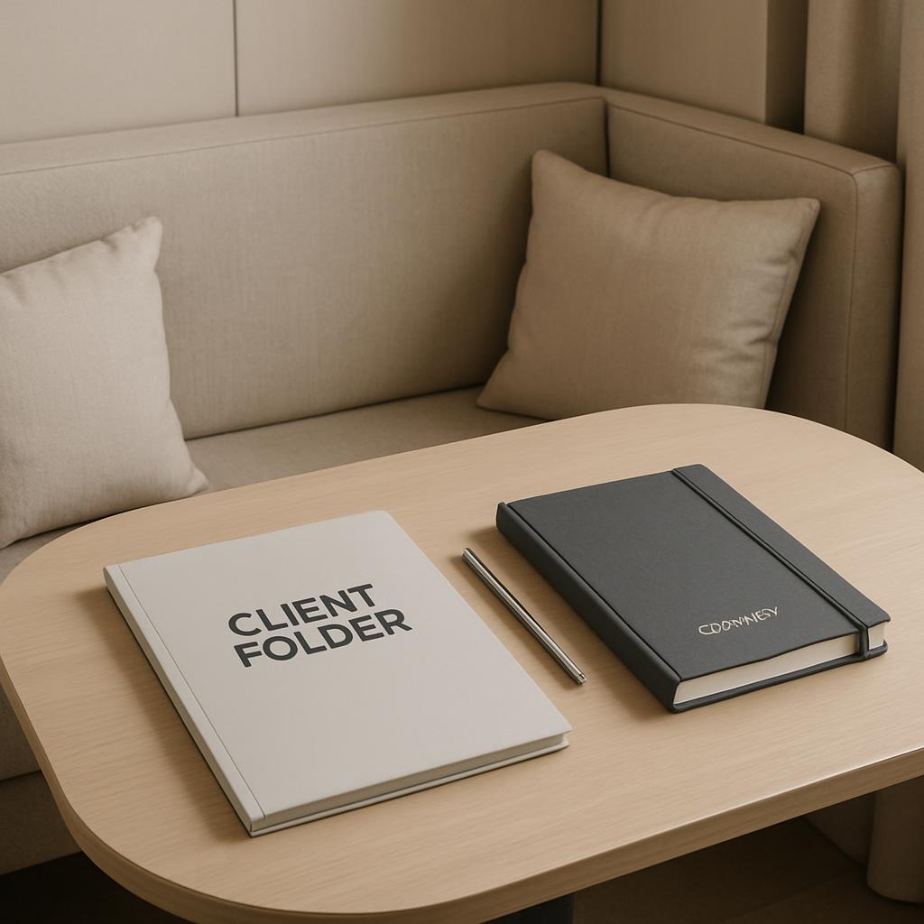 Picture of a home office with beige furniture and two books on a table.