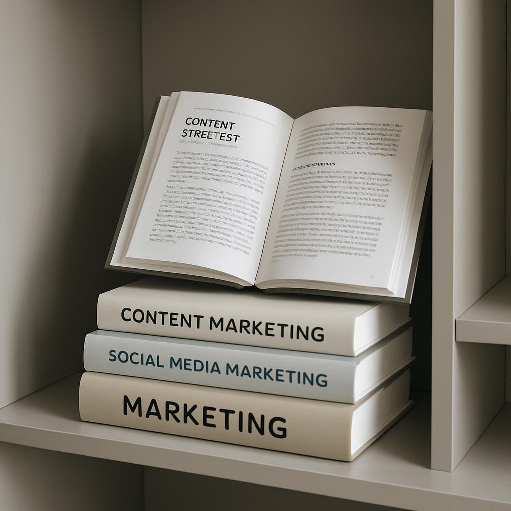 Un libro abierto en la cima de una pila de libros con los títulos de contenido, redes sociales y marketing influyendo en e...